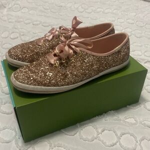 Kate Spade Keds Shoes Women’s 8 Rose Gold Glitter Ribbon Lace